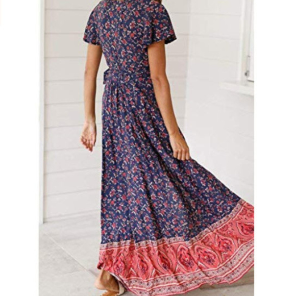 sexy boho floral Printed Wrap v-neck dress SIZE L - Picture 5 of 8